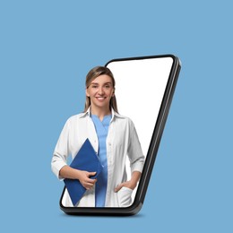 Image of Online medical consultation. Doctor with clipboard on smartphone screen against light blue background