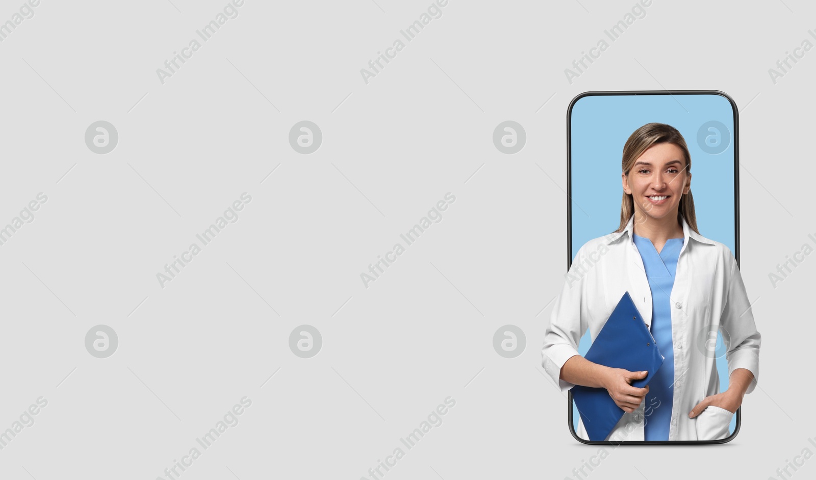 Image of Online medical consultation. Doctor with clipboard on smartphone screen against light grey background. Banner design with space for text