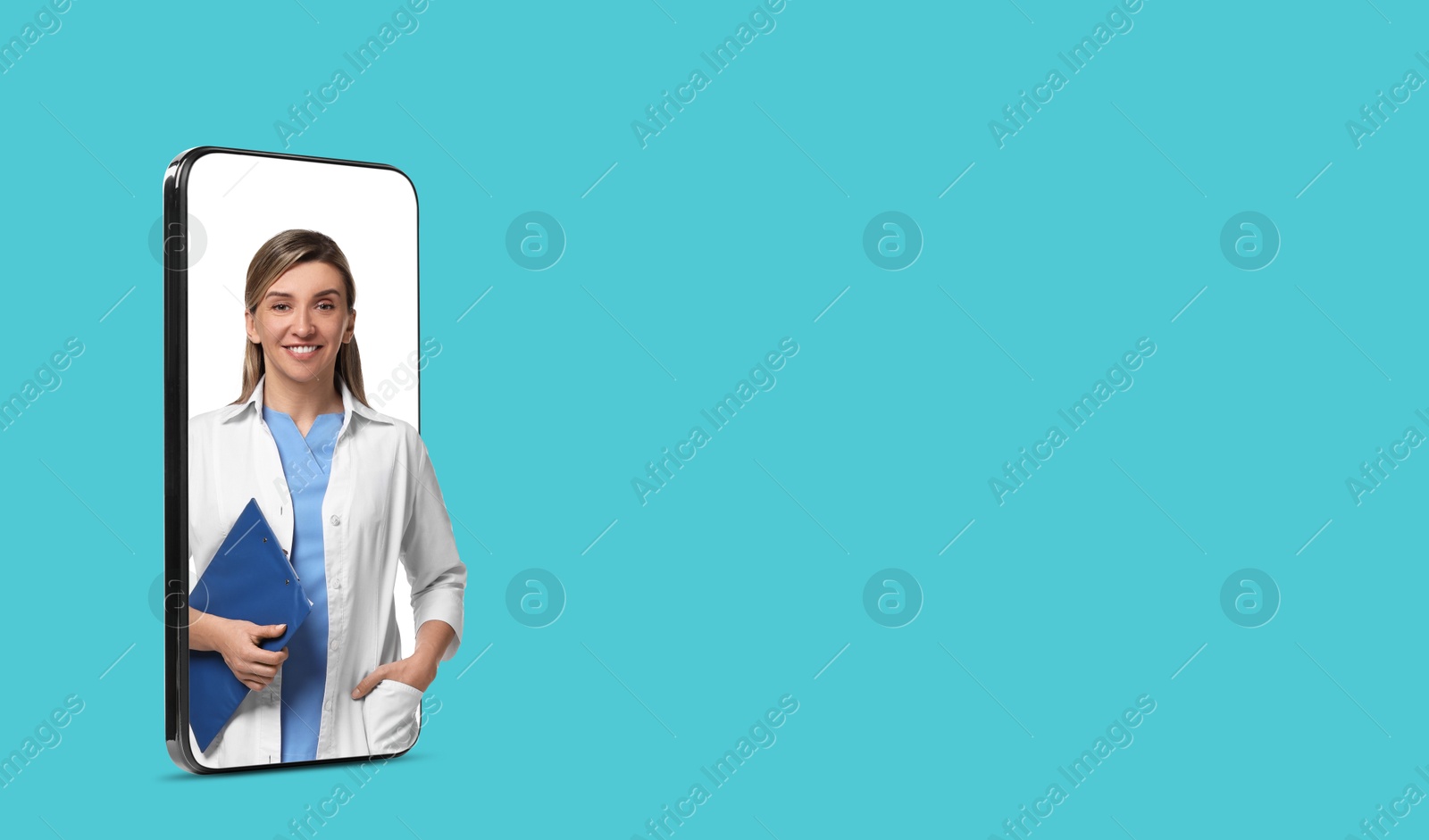 Image of Online medical consultation. Doctor with clipboard on smartphone screen against light blue background. Banner design with space for text