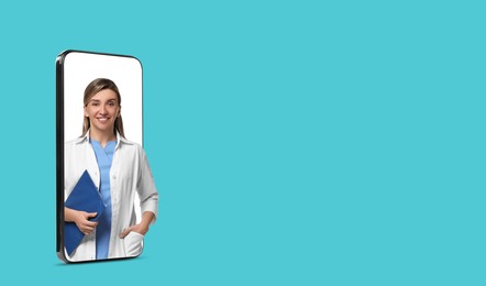 Image of Online medical consultation. Doctor with clipboard on smartphone screen against light blue background. Banner design with space for text