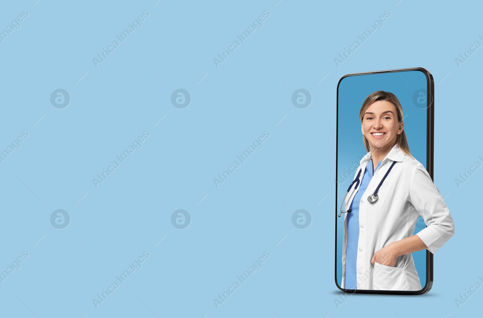 Image of Online medical consultation. Doctor on smartphone screen against light blue background, space for text