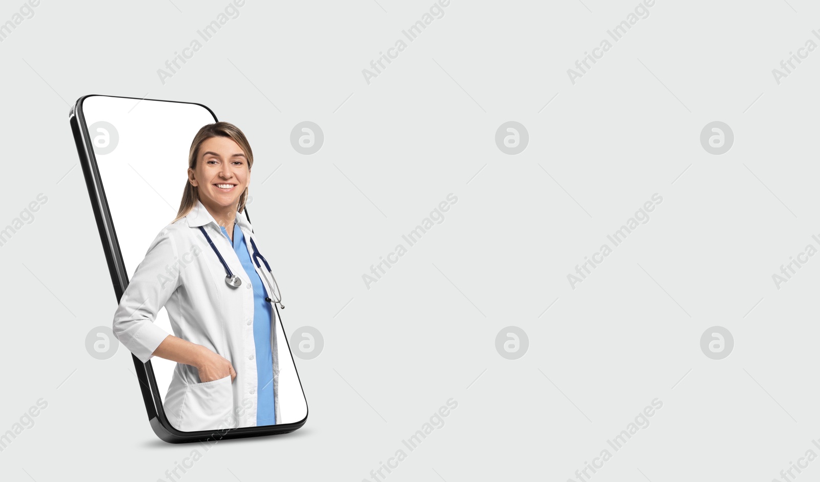 Image of Online medical consultation. Doctor on smartphone screen against light grey background. Banner design with space for text