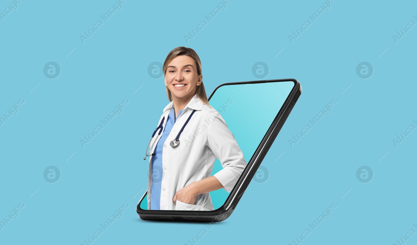 Image of Online medical consultation. Doctor on smartphone screen against light blue background. Banner design with space for text