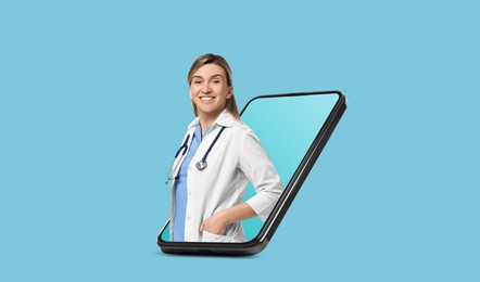 Online medical consultation. Doctor on smartphone screen against light blue background. Banner design with space for text