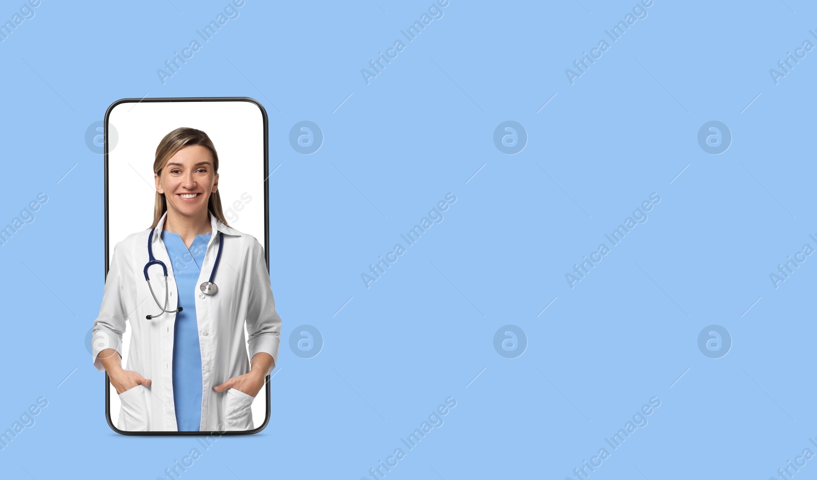 Image of Online medical consultation. Doctor on smartphone screen against light blue background. Banner design with space for text