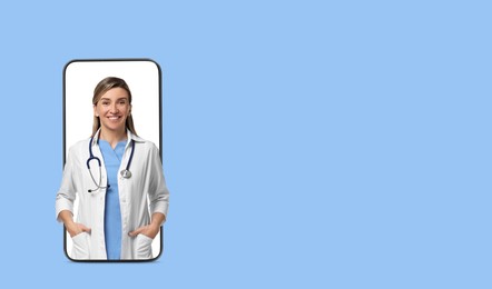 Online medical consultation. Doctor on smartphone screen against light blue background. Banner design with space for text