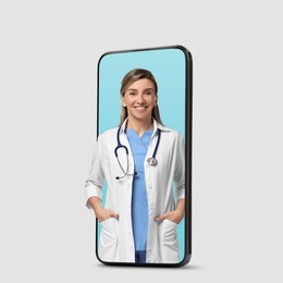 Image of Online medical consultation. Doctor on smartphone screen against light grey background