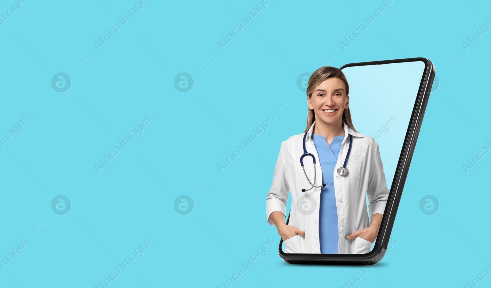 Image of Online medical consultation. Doctor on smartphone screen against light blue background. Banner design with space for text