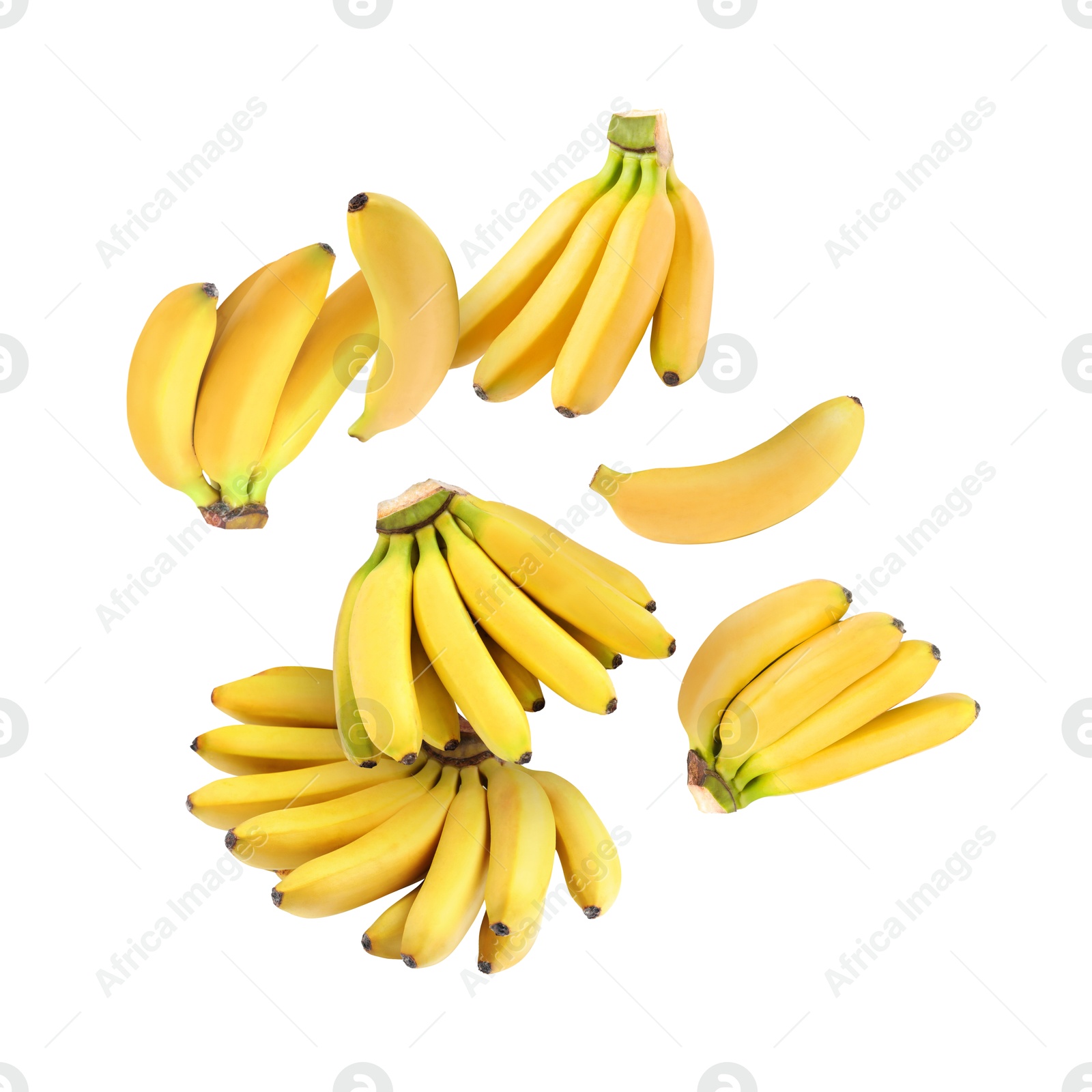 Image of Many yellow bananas in air on white background