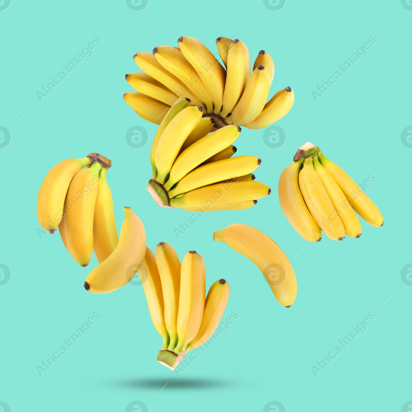 Image of Many yellow bananas falling on turquoise background