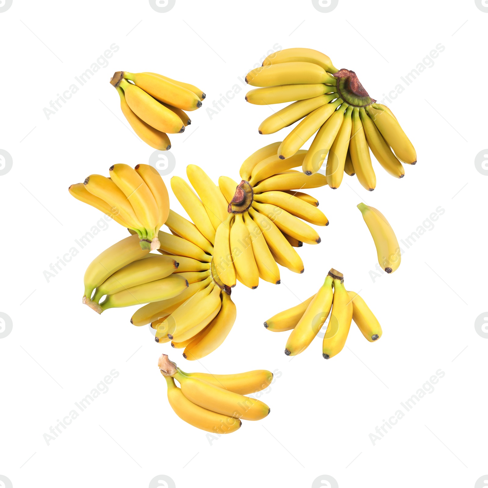 Image of Many yellow bananas in air on white background