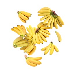 Image of Many yellow bananas in air on white background