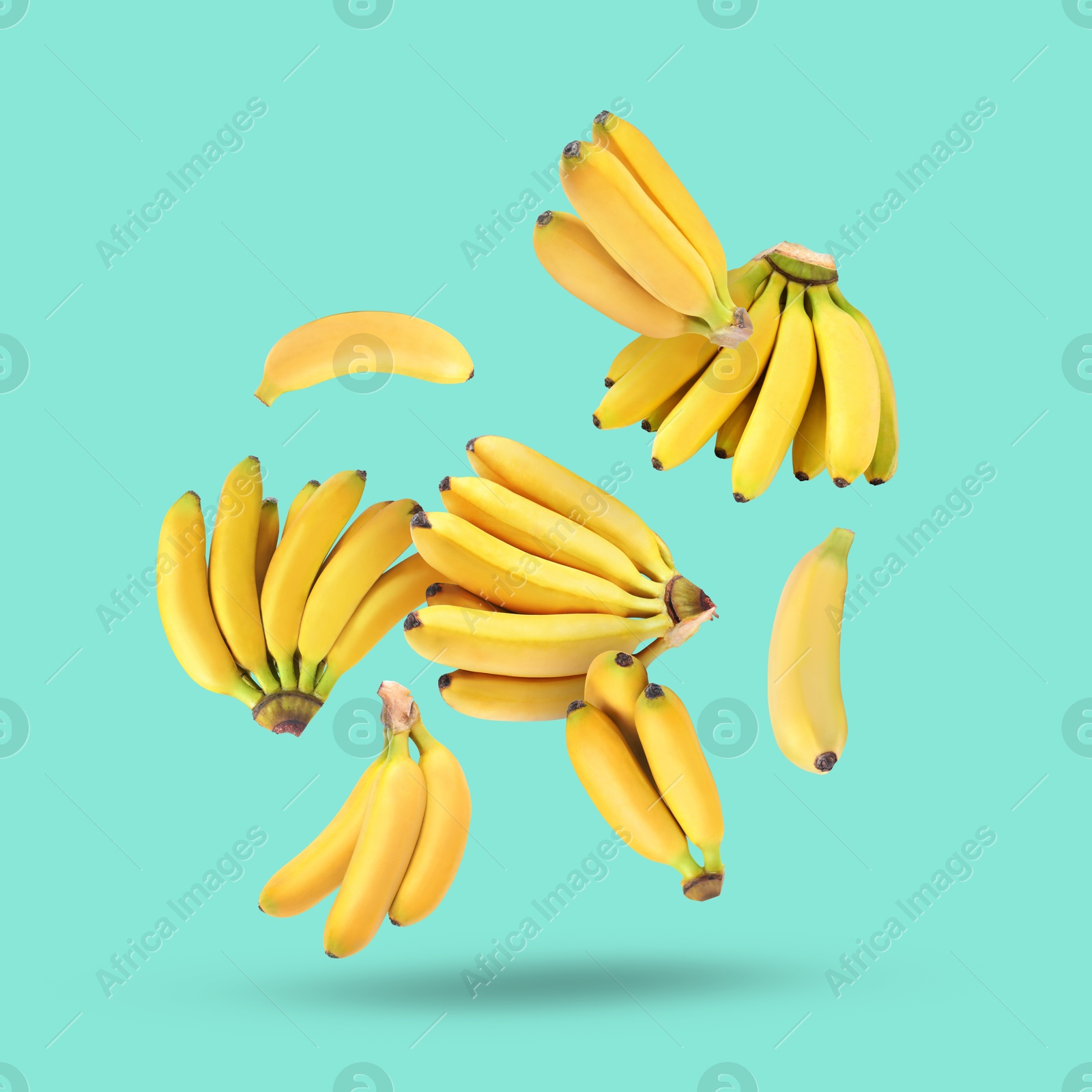 Image of Many yellow bananas falling on turquoise background