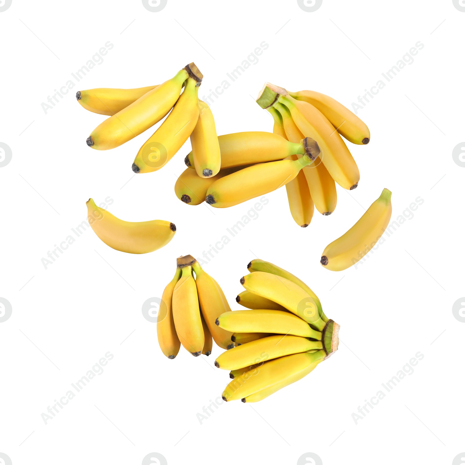 Image of Many yellow bananas in air on white background