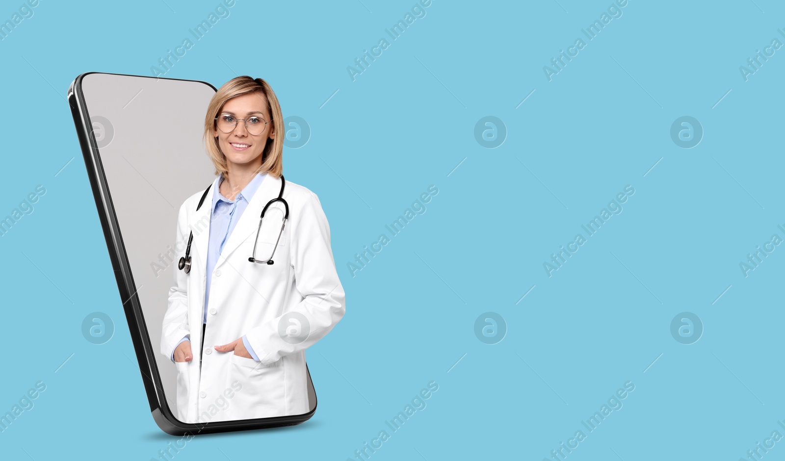 Image of Online medical consultation. Doctor on smartphone screen against light blue background. Banner design with space for text