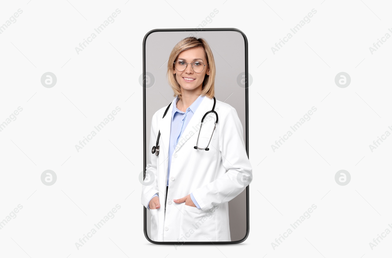 Image of Online medical consultation. Doctor on smartphone screen against white background