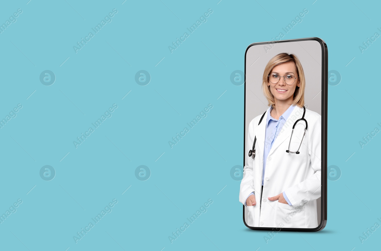 Image of Online medical consultation. Doctor on smartphone screen against light blue background, space for text