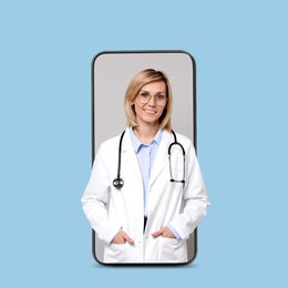 Image of Online medical consultation. Doctor on smartphone screen against light blue background