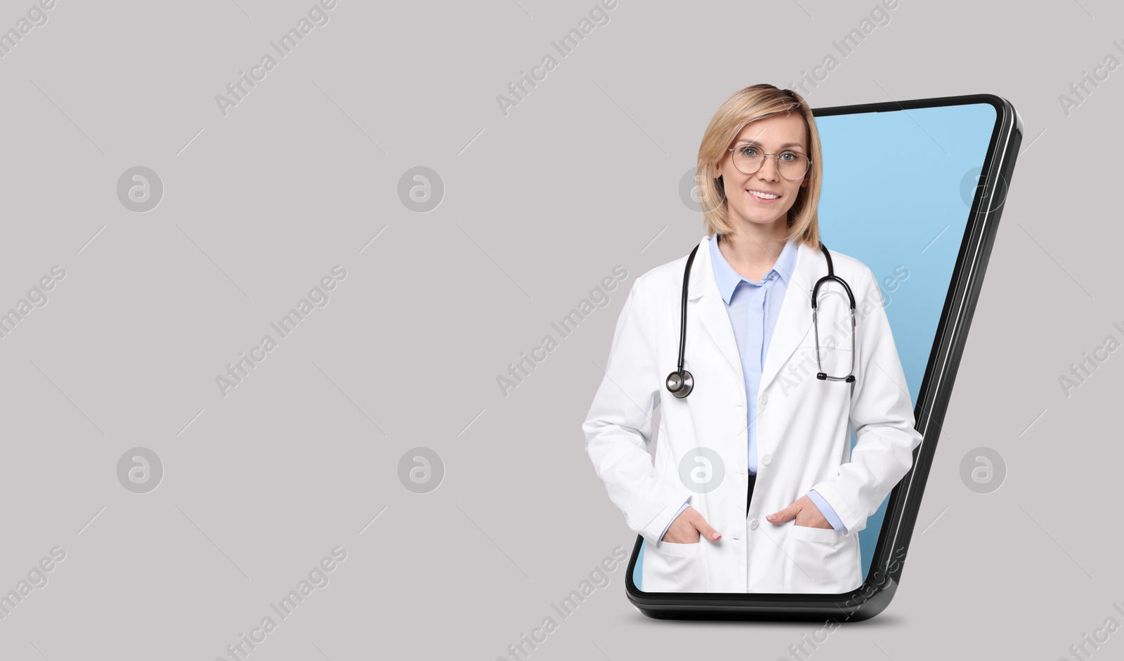 Image of Online medical consultation. Doctor on smartphone screen against light grey background. Banner design with space for text