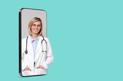 Image of Online medical consultation. Doctor on smartphone screen against turquoise background, space for text