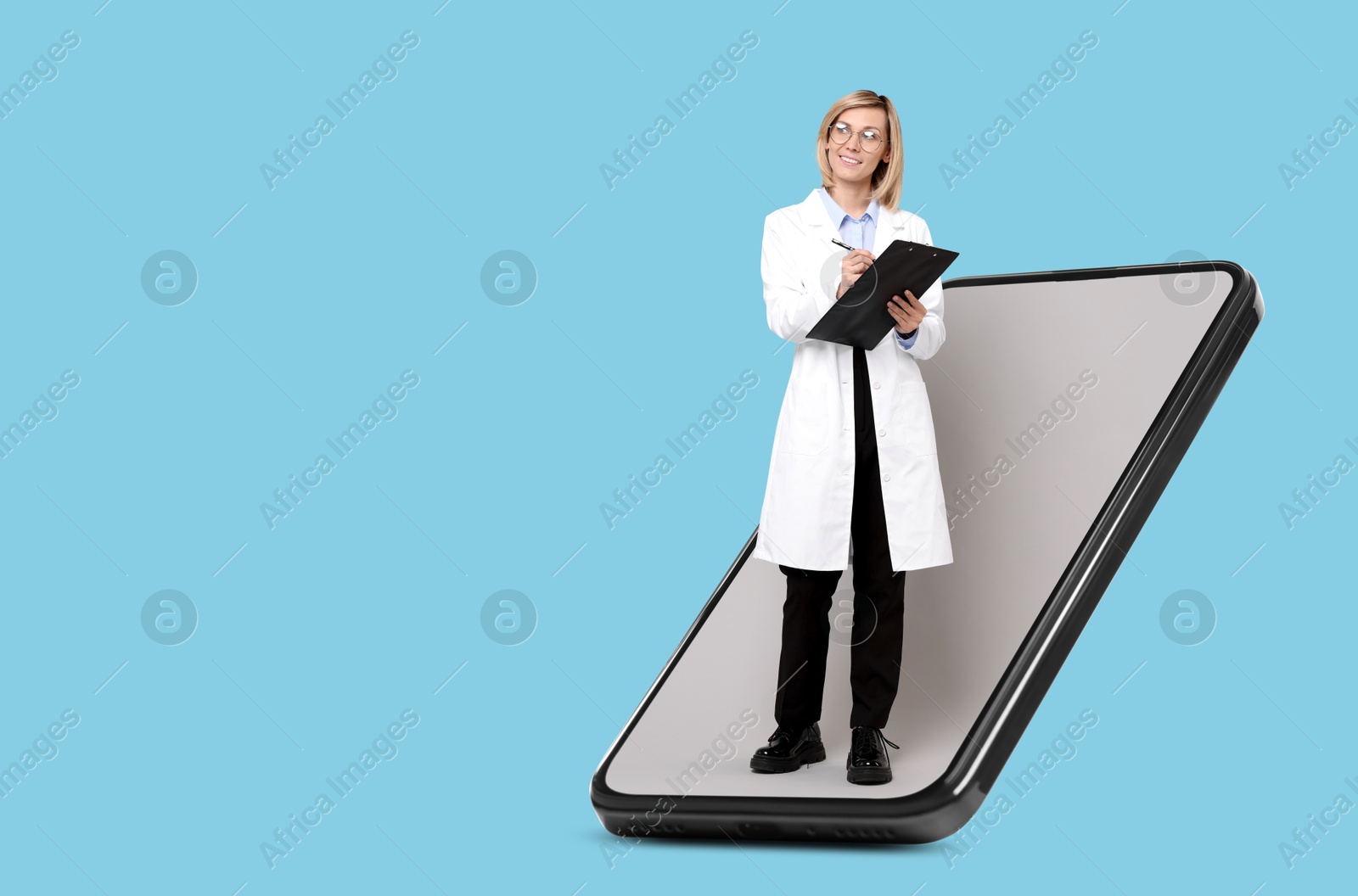 Image of Online medical consultation. Doctor with clipboard on smartphone screen against light blue background, space for text