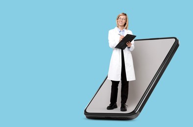 Online medical consultation. Doctor with clipboard on smartphone screen against light blue background, space for text