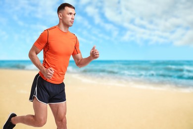 Image of Sporty man running on beach. Space for text