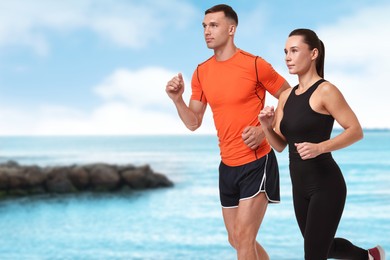 Image of Couple in sportive clothes running on beach. Space for text