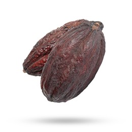 Image of Cocoa pods in air on white background