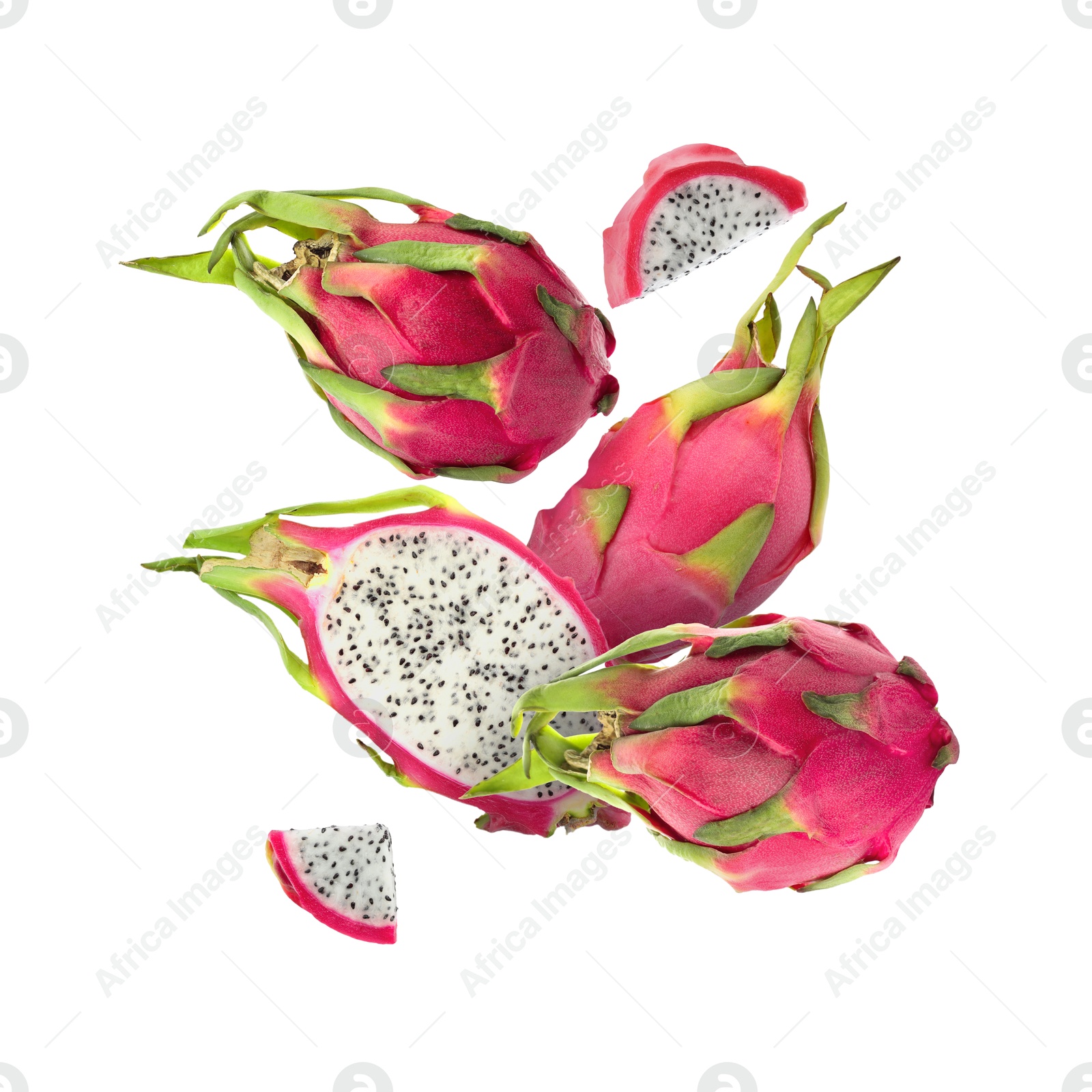 Image of Yummy pitaya fruits in air on white background