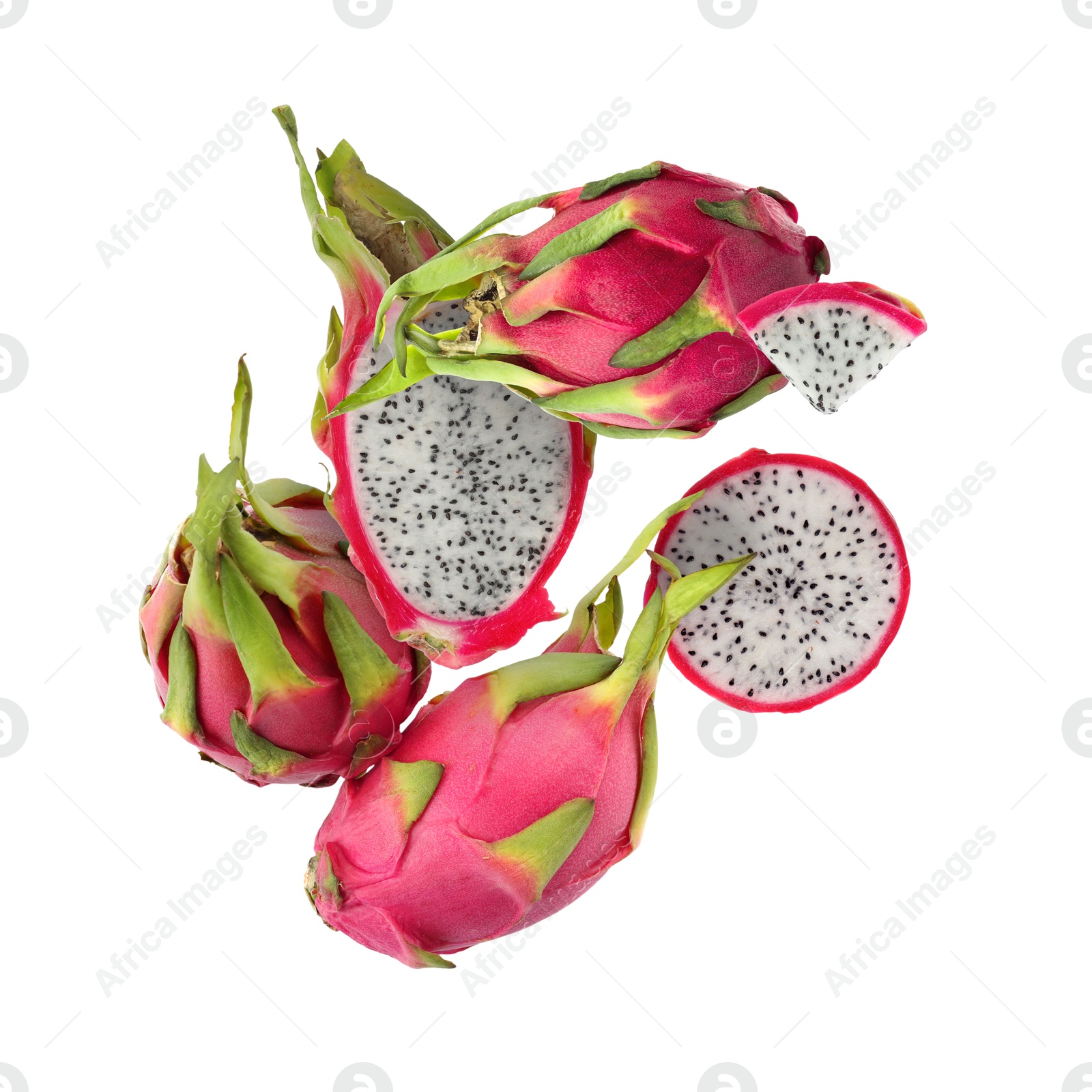 Image of Yummy pitaya fruits in air on white background