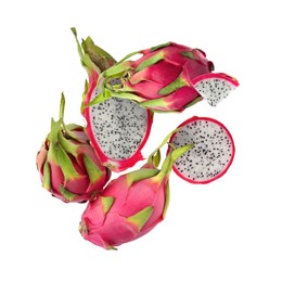 Image of Yummy pitaya fruits in air on white background