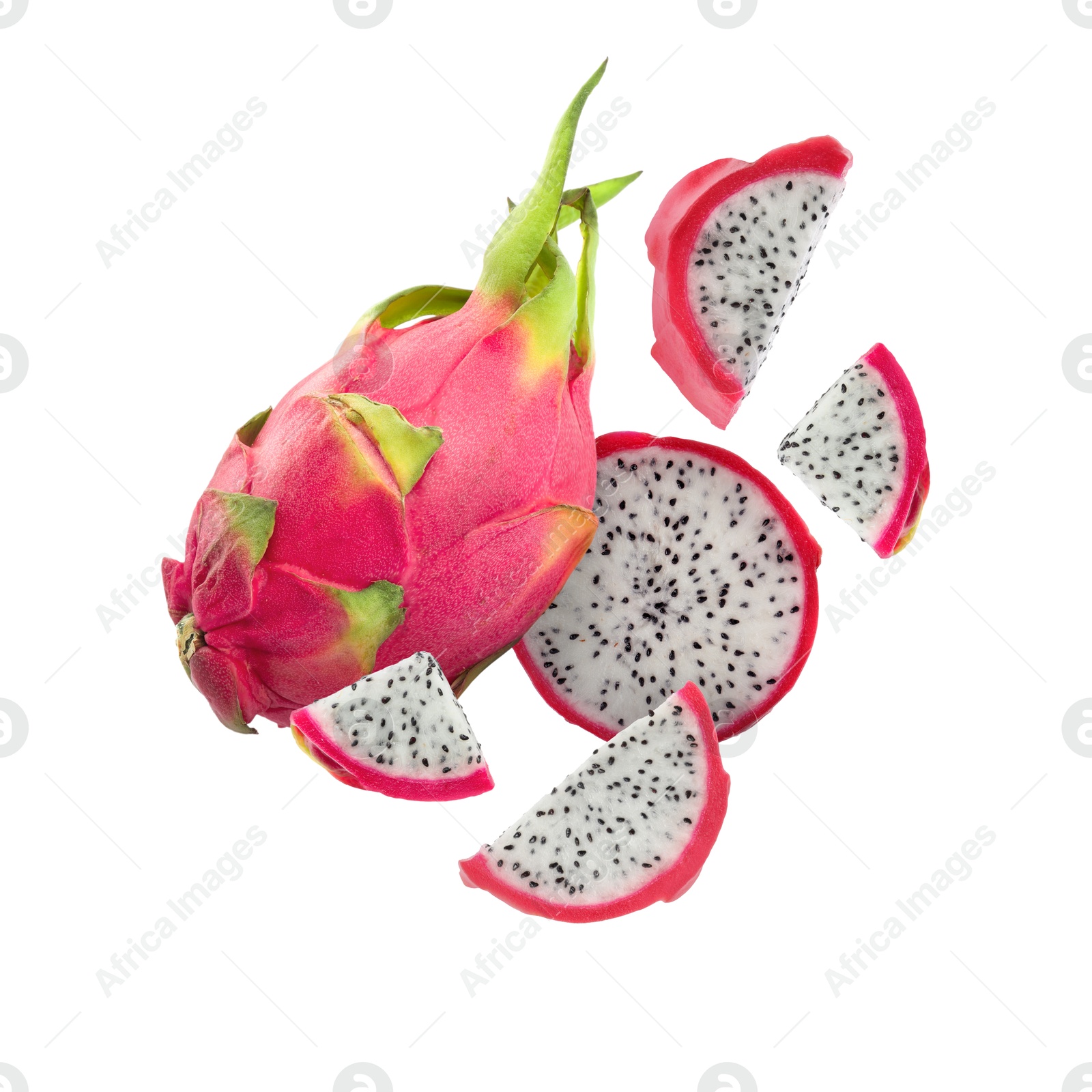 Image of Yummy pitaya fruits in air on white background