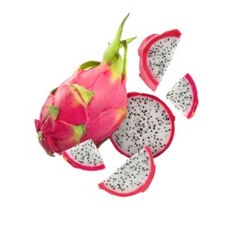 Image of Yummy pitaya fruits in air on white background