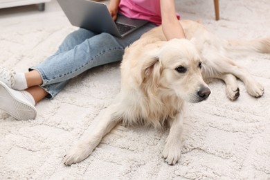 Online pet shop. Woman with laptop making order for cute Golden Retriever dog on rug at home, closeup