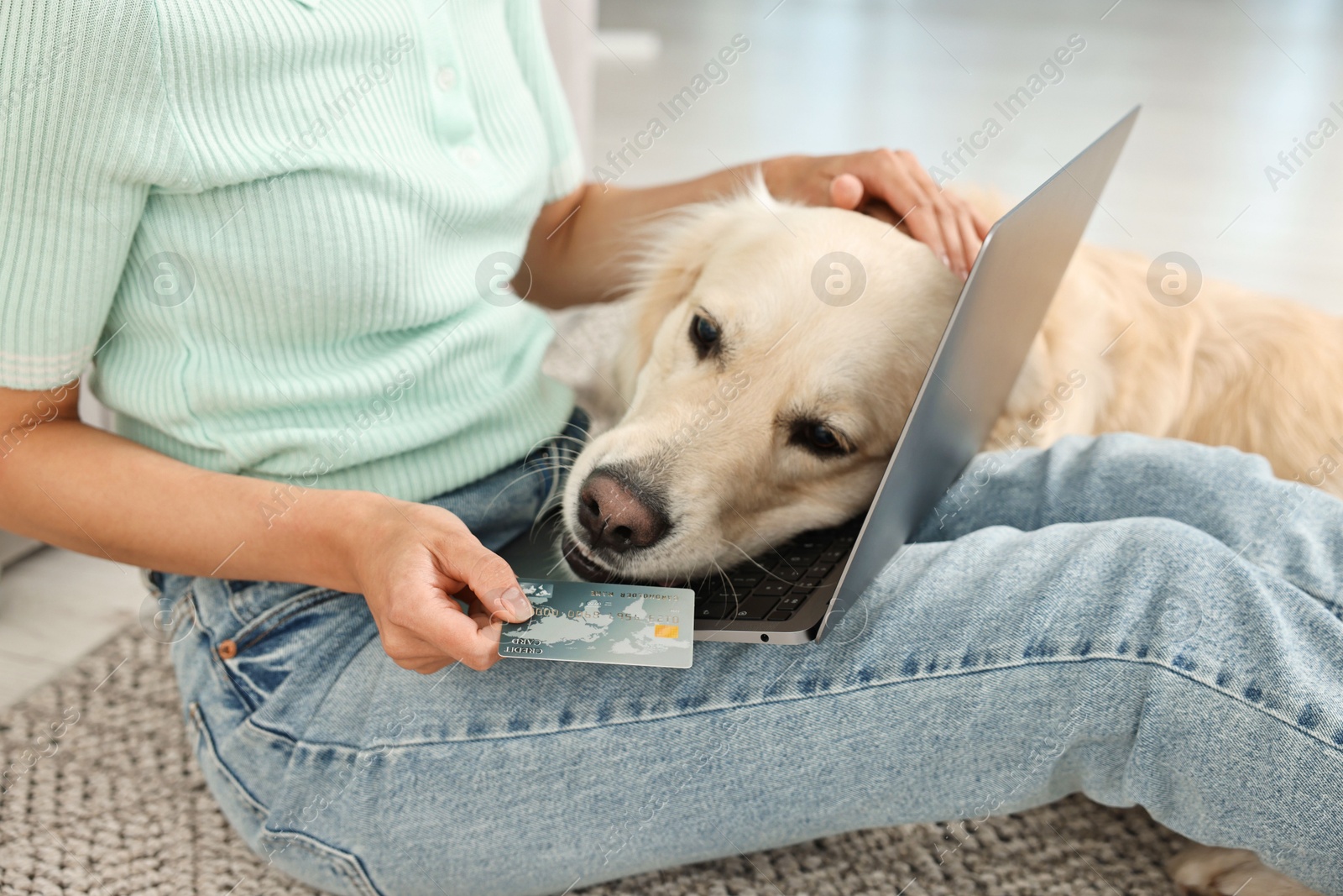 Photo of Online pet shop. Woman with laptop, credit card and cute Golden Retriever dog making order at home, closeup