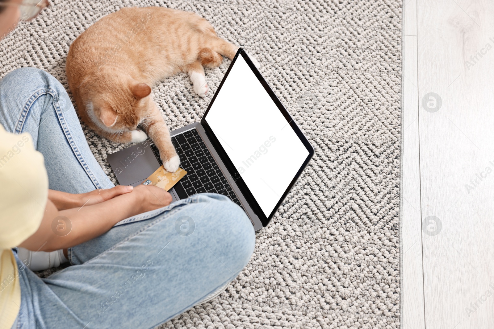 Photo of Online pet shop. Woman with laptop, credit card and cute cat making order on rug at home, closeup