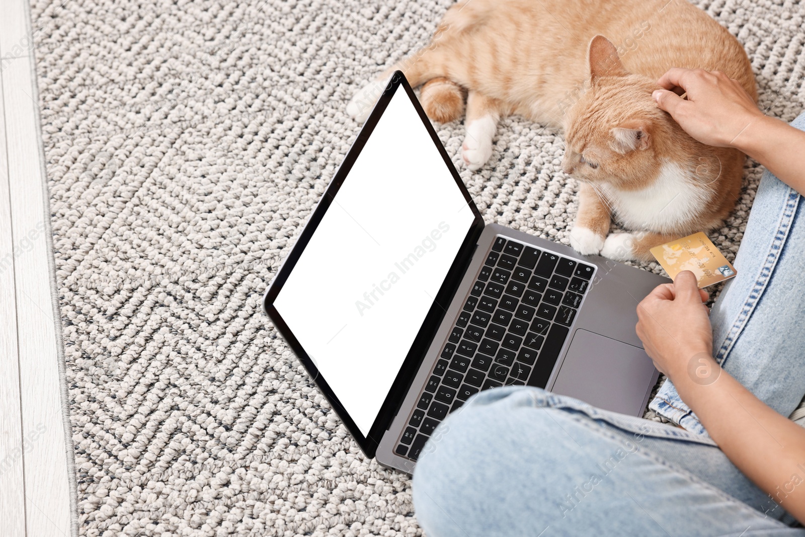 Photo of Online pet shop. Woman with laptop, credit card and cute cat making order on rug at home, closeup