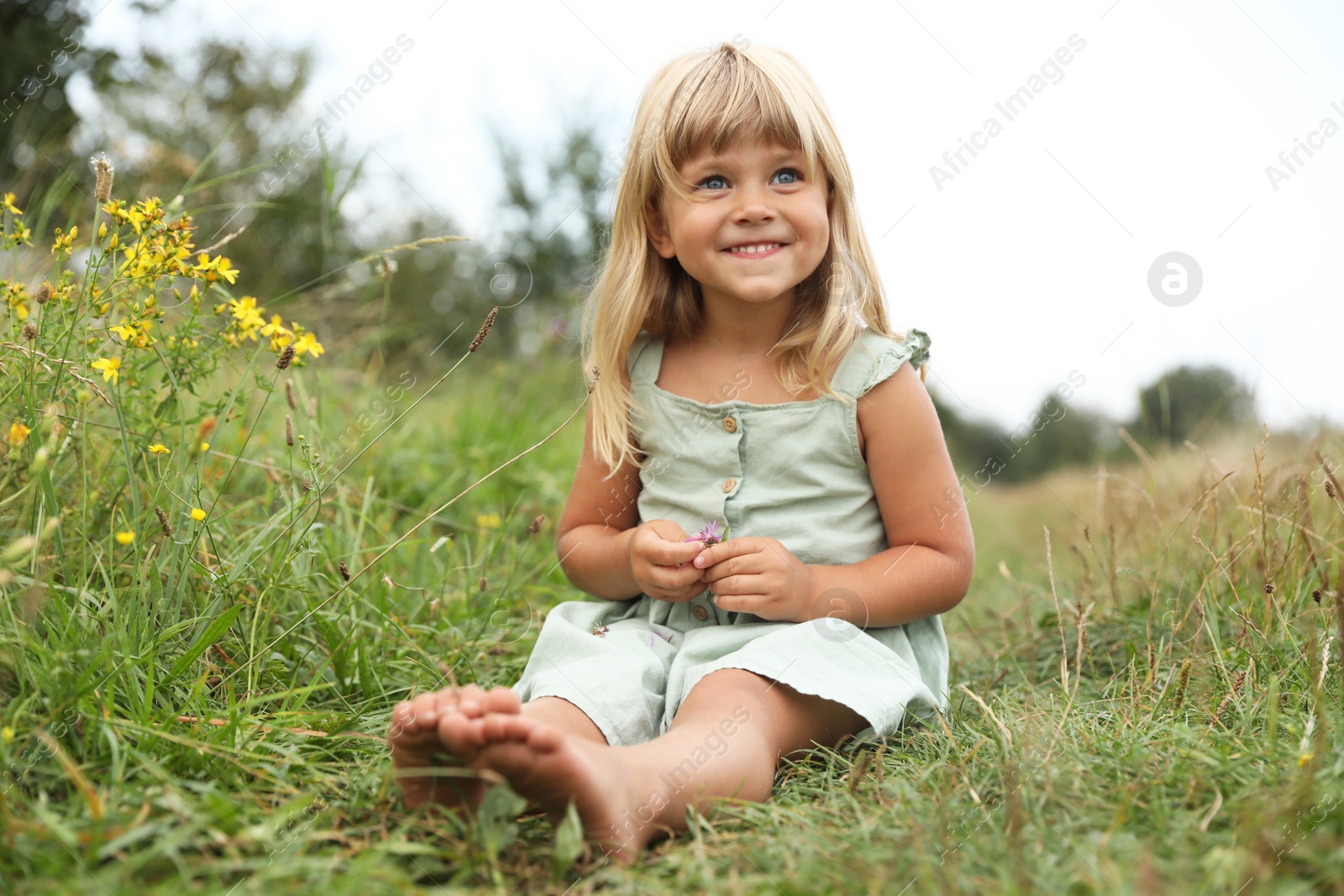 Photo of Barefoot little girl on green grass at meadow. Child enjoying beautiful nature