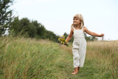 Cute little girl with flowers walking barefoot at meadow, space for text. Child enjoying beautiful nature