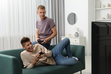 Young brothers playing video game on sofa at home