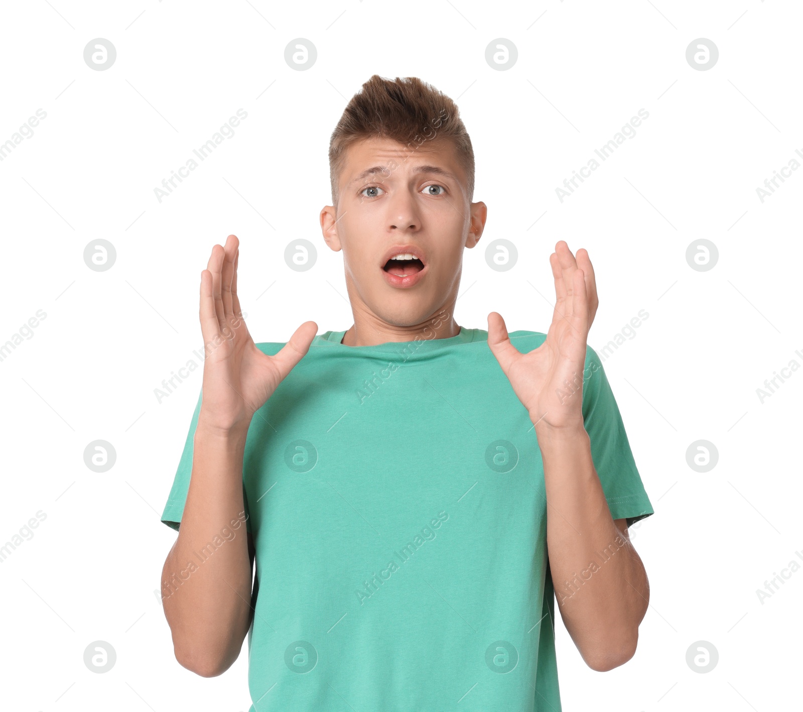 Photo of Portrait of scared young man on white background