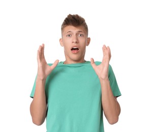 Photo of Portrait of scared young man on white background