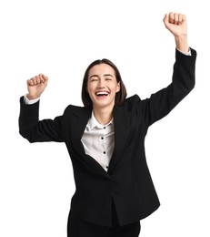 Young businesswoman in suit running on white background