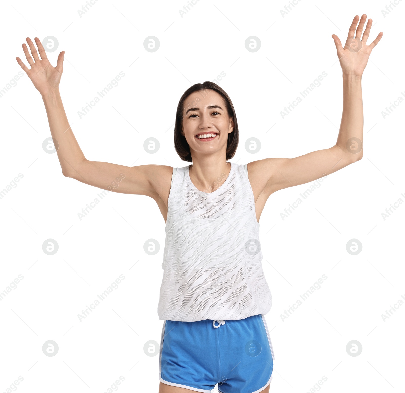 Photo of Beautiful woman in sportswear running on white background