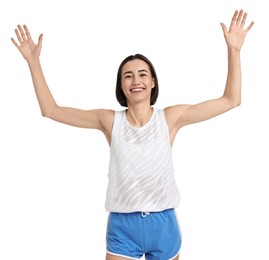 Photo of Beautiful woman in sportswear running on white background