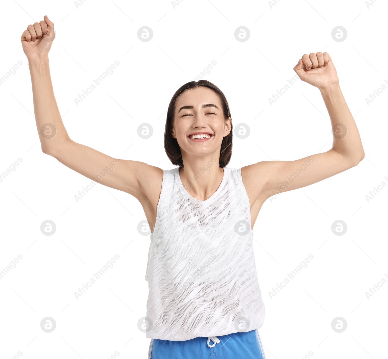 Photo of Beautiful woman in sportswear running on white background