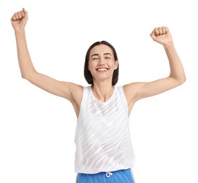 Photo of Beautiful woman in sportswear running on white background