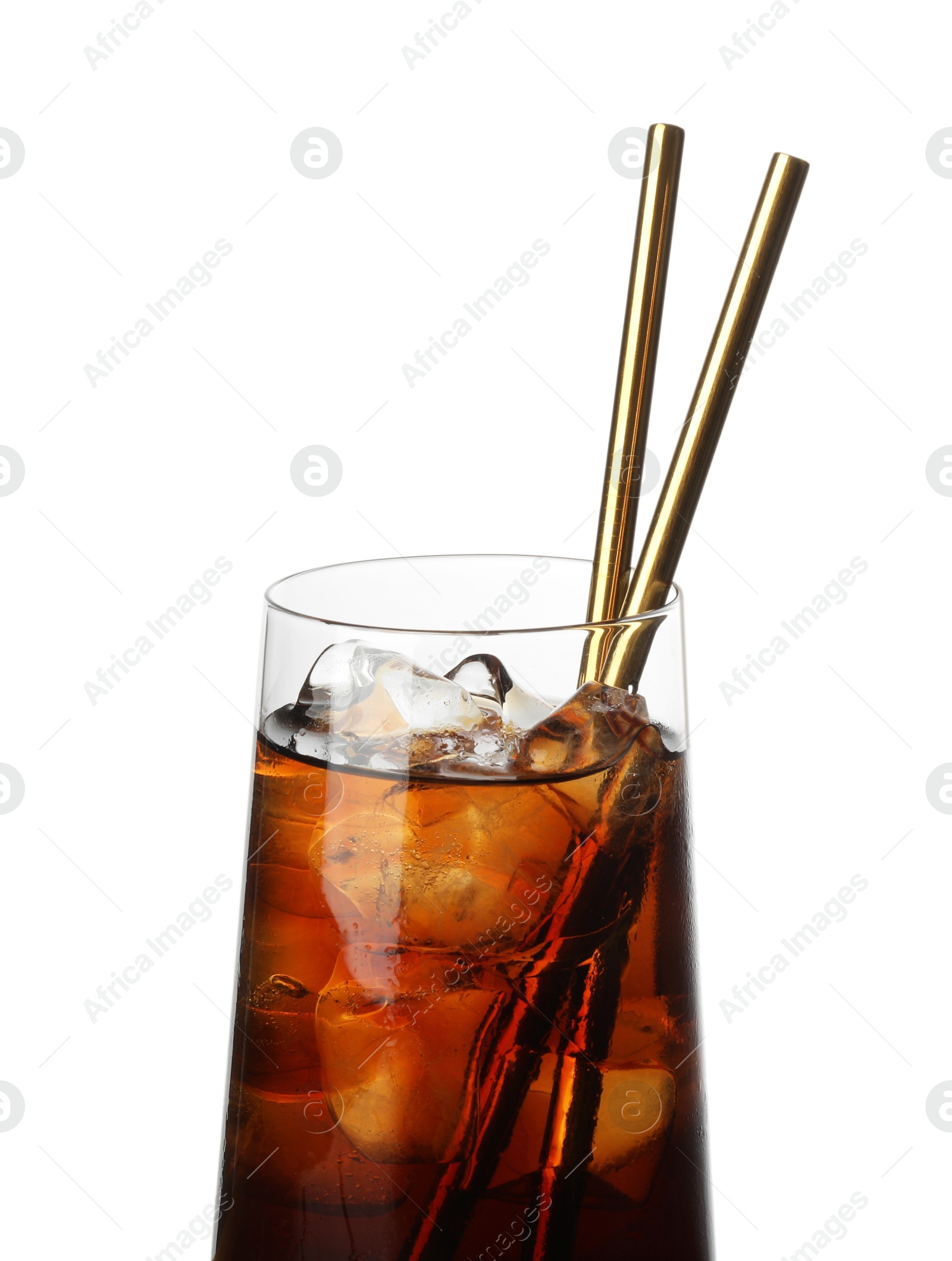 Photo of Glass of tasty refreshing drink and straws isolated on white