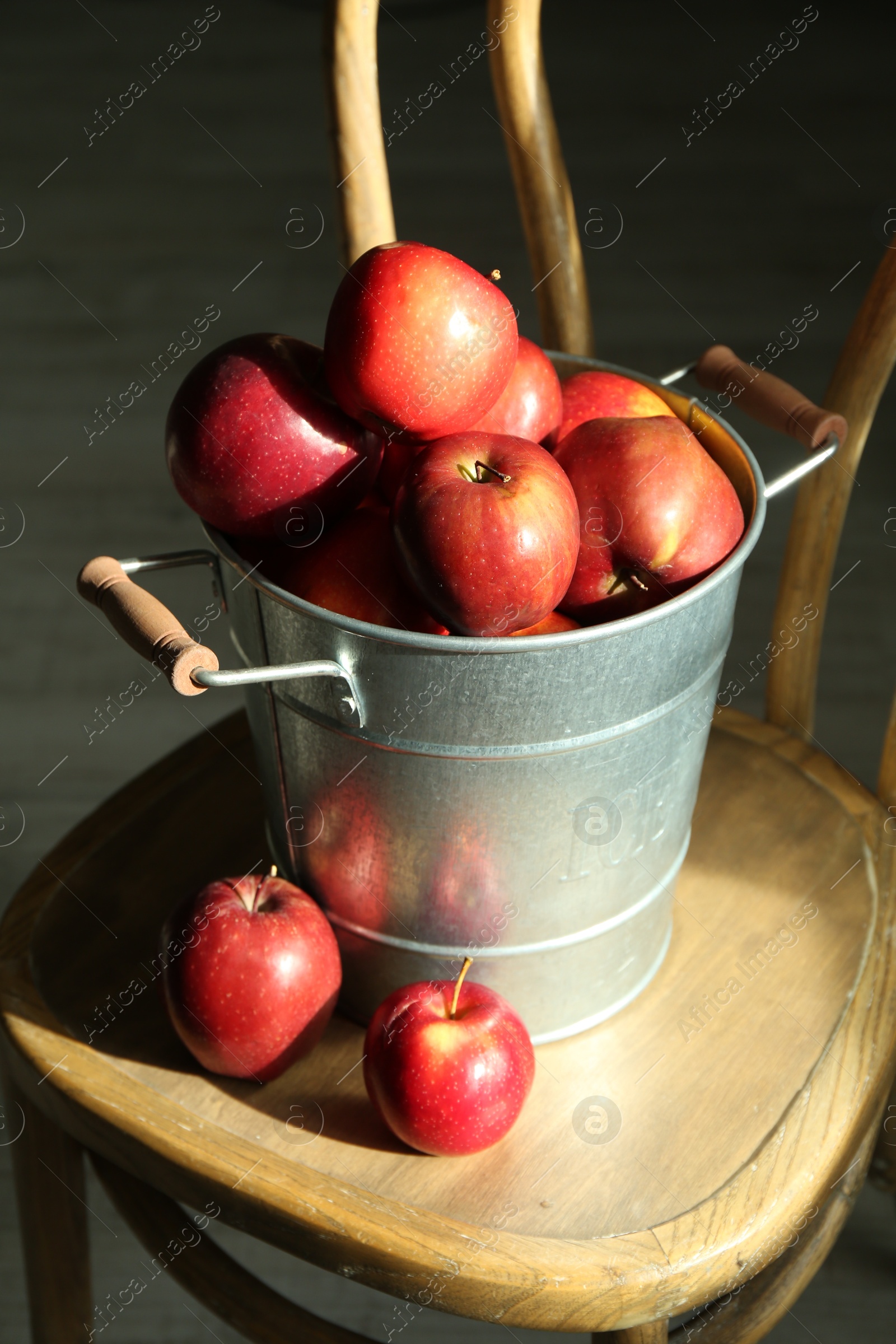 Photo of Fresh ripe red apples in bucket on wooden chair